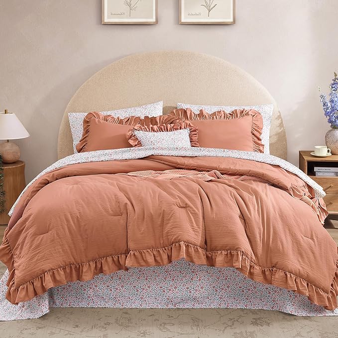 Full Comforter Set - 7 Pieces Ruffle Autumn Leaf Bedding Sets, Shabby Chic Farmhouse Bed in a Bag Full with Ruffle Comforter, Floral Sheets, Pillowcases & Shams-Ruum Studio Home