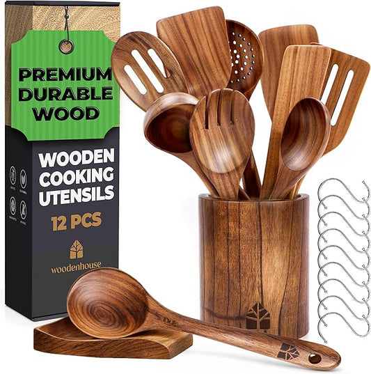 Wooden Spoons for Cooking – Wooden Cooking Utensils Set with Holder, Spoon Rest & Hooks, Teak Wood Nonstick Kitchen Cookware – Durable Set of 12pcs by Woodenhouse-Ruum Studio Home