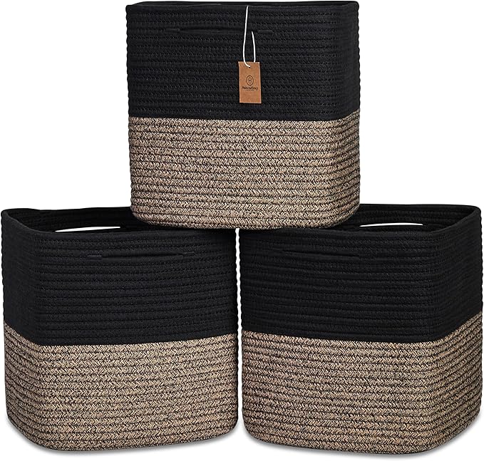NaturalCozy 13 Inch Cube Storage Bins Cotton Rope Woven Baskets for Organizing 3-Pack | 13 x 13 Storage Cubes | Fabric Square Storage Baskets for Shelves Organizer, Kids Toy Bins, Closet Baby Nursery-Ruum Studio Home