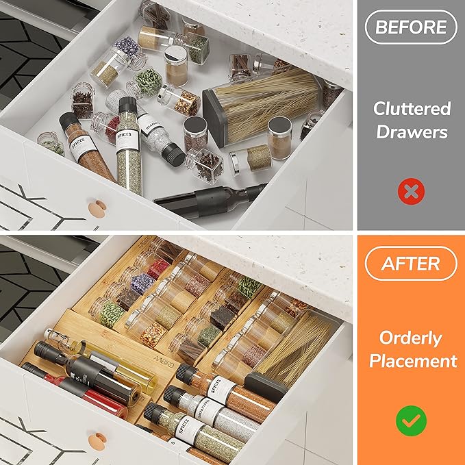 AMBIRD Bamboo Spice Drawer Organizer with Non-slip Mat,4 Tier - 2 Set Jar Spice Rack Tray From 12''to 24'',Hold up 48 Jars Seasoning Organizer for Kitchen,Cabinet,Drawers,Countertop-Ruum Studio Home