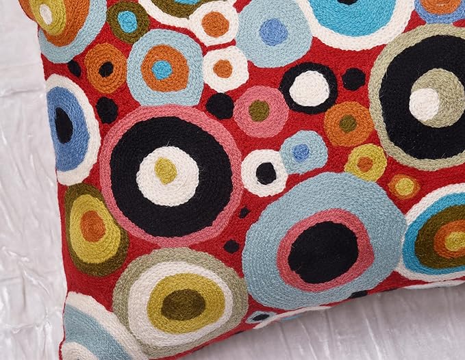 Red Polka Dots Pillow Cover | Reds Contemporary Pillows | Farmhouse Chair Cushion | Modern Outdoor Pillows | Red Throw Chair Pillow | Hand Embroidered Cushions Wool Size - 18x18-Ruum Studio Home