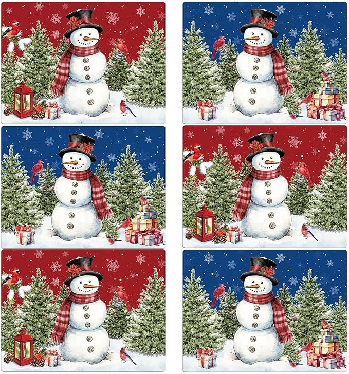 Winter Christmas Placemats Set of 6 Red Blue Snowman Plastic Table Mats Christmas Tree Birds Place Mats Washable Vinyl Seasonal Winter Table Decoration for Indoor Outdoor Party Kitchen Dining-Ruum Studio Home