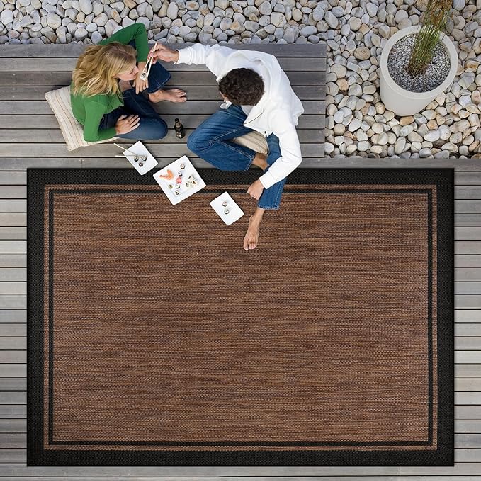 CAMILSON Indoor Outdoor Rug, 6x9 Bordered Nut Brown Black Modern Area Rugs for Indoor and Outdoor Patios, Kitchen and Hallway Mats, Washable Porch Deck Outside Carpet (Bordered Nut Brown Black, 6 x 9)-Ruum Studio Home