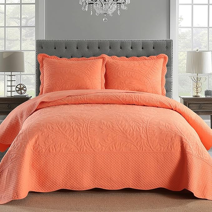 MarCielo 3-Piece 100% Cotton Oversized Bedspread Lightweight Quilt Coverlet Embroidery Farmhouse Bedding Set T0 (Salmon, Oversized Queen (100"x106"))-Ruum Studio Home
