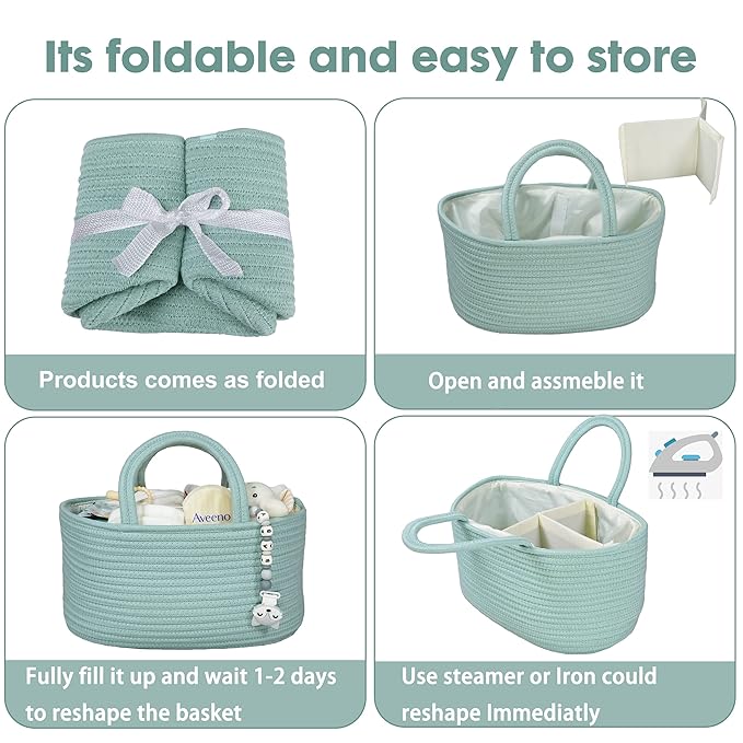 Diaper Caddy Organizer for Baby Cotton Rope Nursery Storage Bin Basket Portable Holder Tote Bag for Changing Table Car Travel Baby Shower Gifts Newborn Essentials Registry Must Haves Light Green-Ruum Studio Home