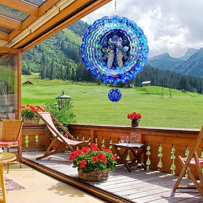Peacock Gifts for Women, Peacock Wind Spinner Garden Decor, 12 inch 3D Hanging Wind Spinners Outdoor-Ruum Studio Home