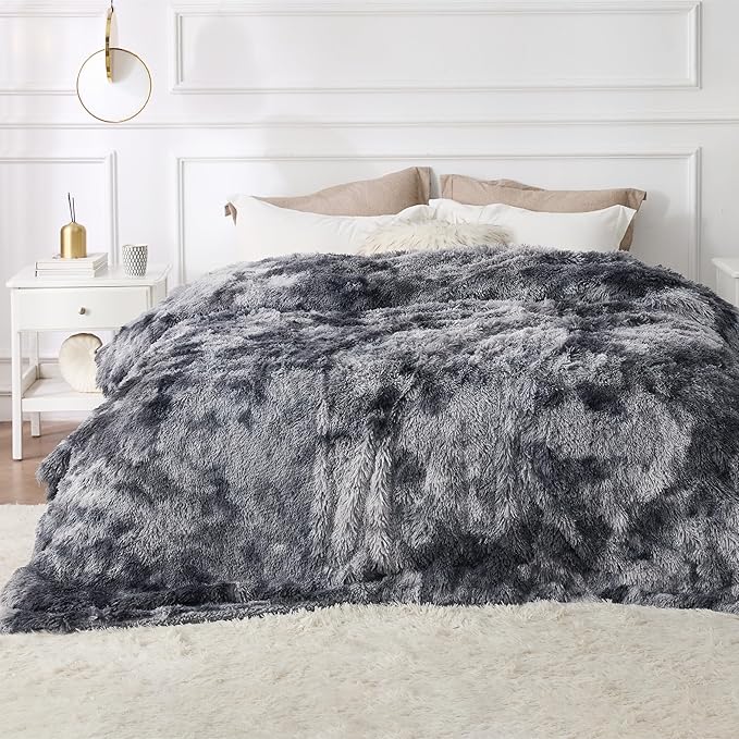 Bedsure GentleSoft Fluffy Sherpa Fleece Faux Fur Blankets Queen Size for Bed, Bedroom Decor Winter Thick Warm Full Queen Blankets, Fuzzy Plush Soft Heavy Mink Tie Dye Grey Bedding Cozy Gifts, 90x90-Ruum Studio Home