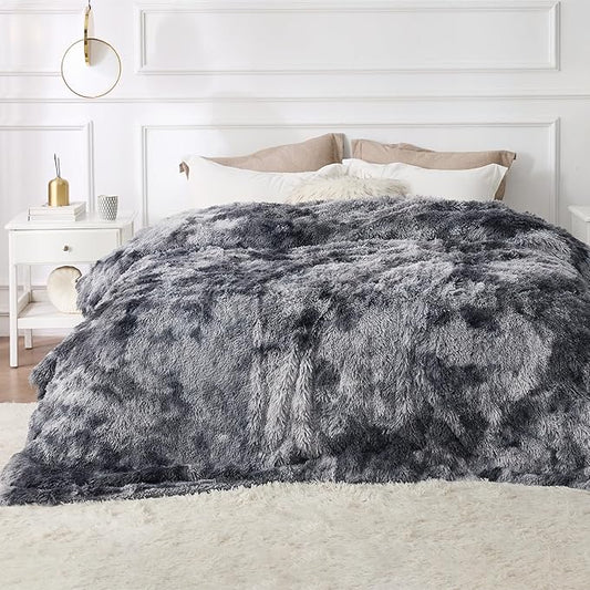 Bedsure GentleSoft Fluffy Sherpa Fleece Faux Fur Blankets Queen Size for Bed, Bedroom Decor Winter Thick Warm Full Queen Blankets, Fuzzy Plush Soft Heavy Mink Tie Dye Grey Bedding Cozy Gifts, 90x90-Ruum Studio Home