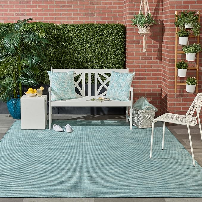 Nourison Positano Indoor-Outdoor Aqua 9' x 12' Area Rug, Easy Cleaning, Non Shedding, Bed Room, Living Room, Dining Room, Backyard, Deck, Patio (9x12)-Ruum Studio Home