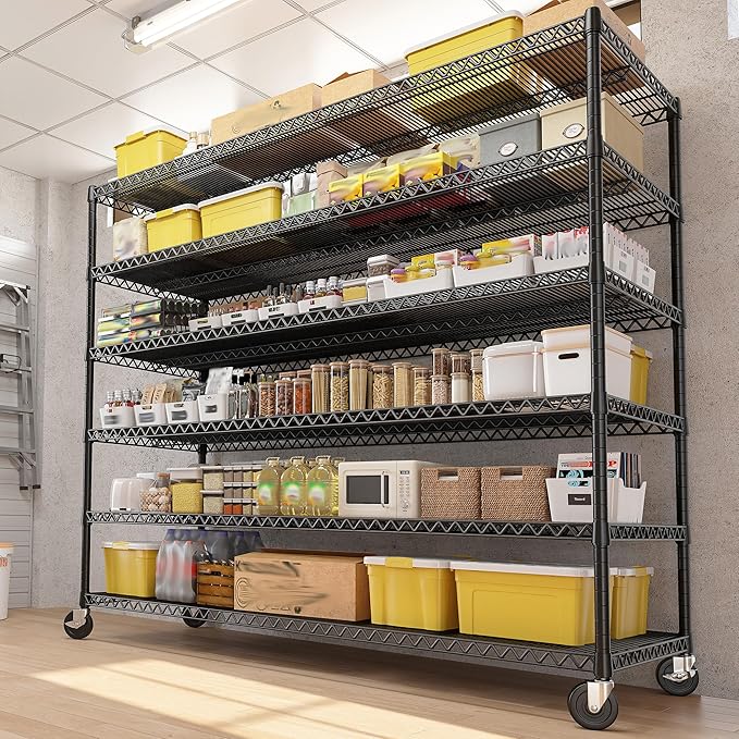 REIBII 60''W X 82.6" H Steel Heavy Duty Wire Shelving Unit with Wheels, 6-Tier Adjustable Storage Shelves 3598LBS Commercial Metal Shelves for Pantry, Garage, College Dorm School Industrial Shelving-Ruum Studio Home