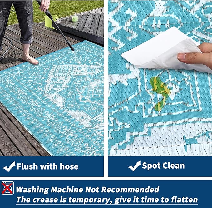 GAOMON Outdoor Rugs 8x10 Waterproof Reversible Outdoor Plastic Straw Rug, Large Patio Rugs UV-Resistant Portable RV Camping Mats, Vintage Boho Carpet for Deck Porch Garden, Light Blue & White-Ruum Studio Home