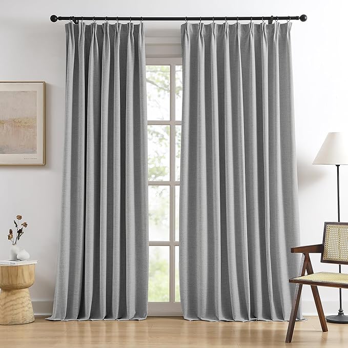 RAIN CITY 90 Inch Long Blackout Curtains 2 Panels Set,70 Inch Wide Back Tab Pleated Curtains with Hooks Track System,Energy Efficinet Linen Blend Drapes for Dining Room Hoom Office 70x90,Grey-Ruum Studio Home