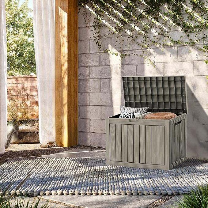45 Gallon Lockable Resin Deck Box, Waterproof & UV-Resistant Outdoor Storage Box for Outdoor Cushion Storage, Garden Tools & Pool Accessories Storage, Gray-Ruum Studio Home