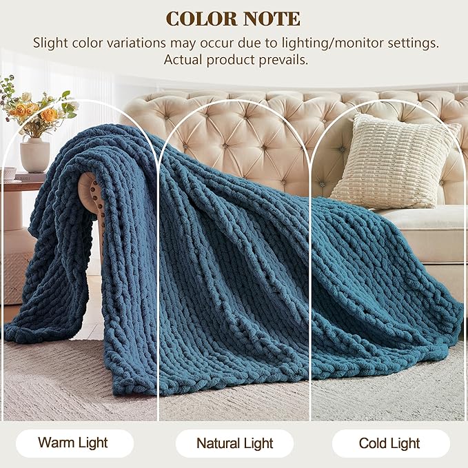 Carriediosa Chunky Knit Throw Blanket 60" X 80" Twin, 100% Hand Made Large Chenille Loop Yarn Soft Fluffy Throws for Couch Sofa Bed, Big Crochet Cozy Heavy Thick Cable Woven Blankets, Lyons Blue-Ruum Studio Home