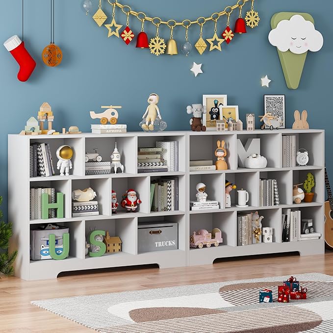 Book Shelf Set of 2, 10 Cubes Storage Organizer, 3-Tier Open Bookshelf Wooden Bookcase, Freestanding White Bookshelf Cube Shelf for Living Room-Ruum Studio Home