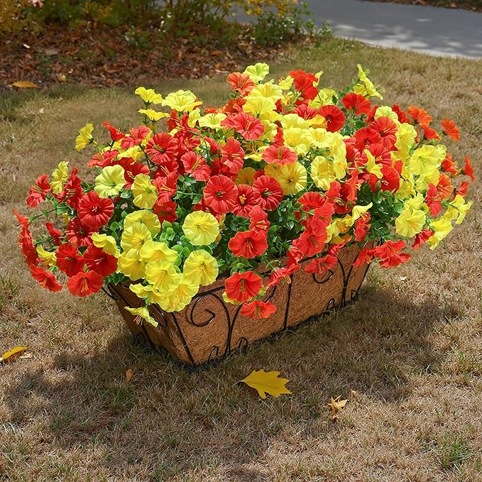 Artificial Mums for Outdoors Fake Fall Flowers Plants for Autumn Decoration, 12 Bundles Silk Morning Glory with Eucalyptus Look Real UV Resistant Faux Mums for Outside Planters Yard Patio Porch, Mix-Ruum Studio Home