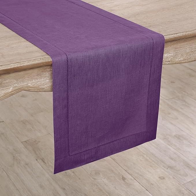 Solino Home Linen Purple Table Runner 132 Inches Long - 100% Pure Linen Extra Long Table Runner 14 x 132 Inch for Fall, Autumn, Halloween, Thanksgiving - Classic Hemstitch-Ruum Studio Home
