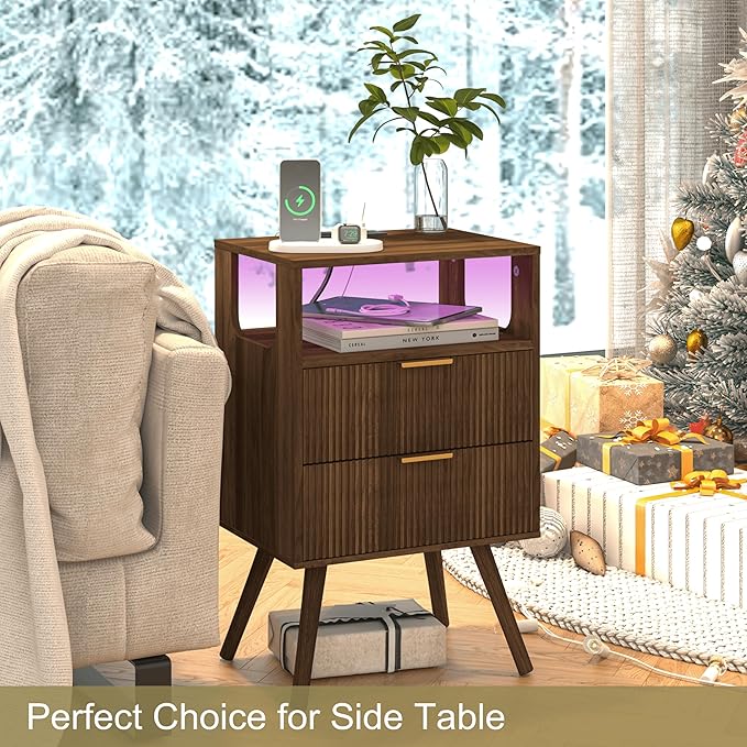 Nightstand with Charging Station and LED Lights,Modern Bedside Table with 2 Storage Drawer and Open Wood Shelf, for Bedroom and Small Spaces,Night Stand with Solid Wood Legs,Walnut Brown-Ruum Studio Home