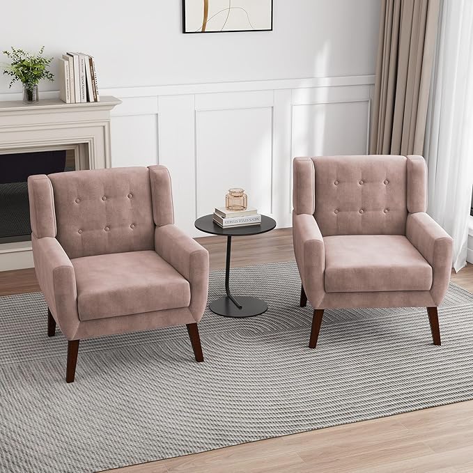 UIXE Accent Chair, Velvet Upholstered Armchair for Living Room, Modern Club Arm Chairs Comfy Single Sofa Button Tufted Bedroom Reading Seat - Skin Pink, Set of 1-Ruum Studio Home