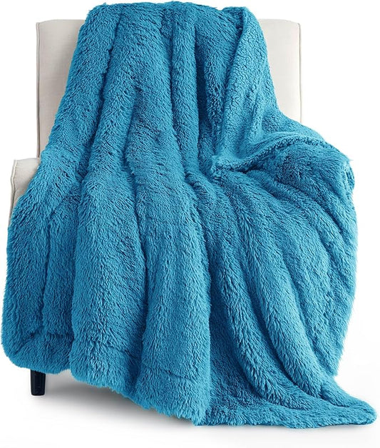 Bedsure GentleSoft Fluffy Bright Blue Throw Blanket Gifts for Women, Men, Soft Fleece Cozy Fuzzy Sherpa Plush Warm Minky Thick Faux Fur Throws for Couch, Blue Decor House Blanket Gifts for Her, 50x60-Ruum Studio Home
