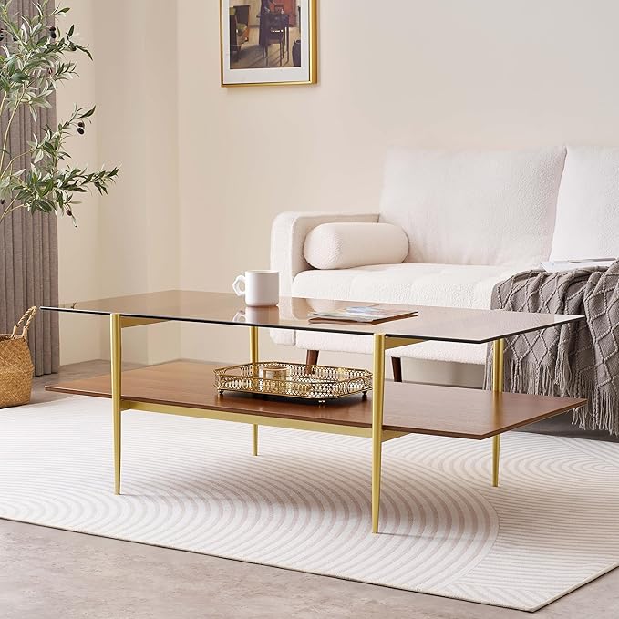 Extra Large Rectangle Glass Coffee Table, Mid-Century Modern Design for Living Room, L47 x W24 x H17, Amber Glass Top and Walnut MDF Shelf, Sleek Conical Metal Legs with Gold Finish-Ruum Studio Home