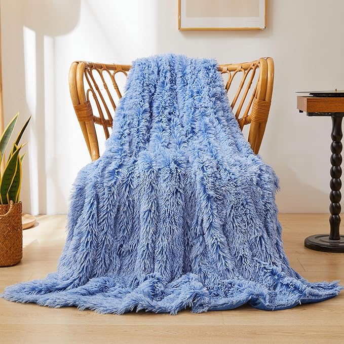 XeGe Luxury Fluffy Throw Blanket, Cobalt Blue Soft 50x60 Faux Fur Blanket Throw, Shaggy Plush Decorative Couch Blanket, Cute Furry Throw Fuzzy Blanket for Sofa Bed, Ombre Cobalt Blue-Ruum Studio Home