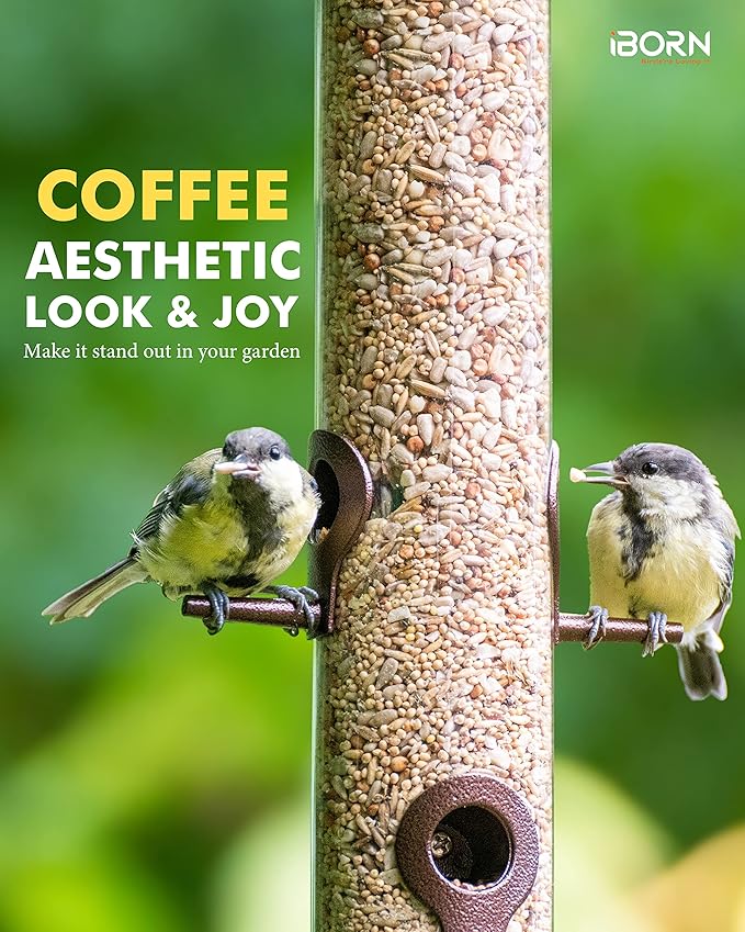 iBorn Metal Bird Feeder Hanging Wild Bird Seed Feeder for Mix Seed Blends Heavy Duty All Metal Coffee Finish,14 Inch 6 Port,Pack of 2-Ruum Studio Home