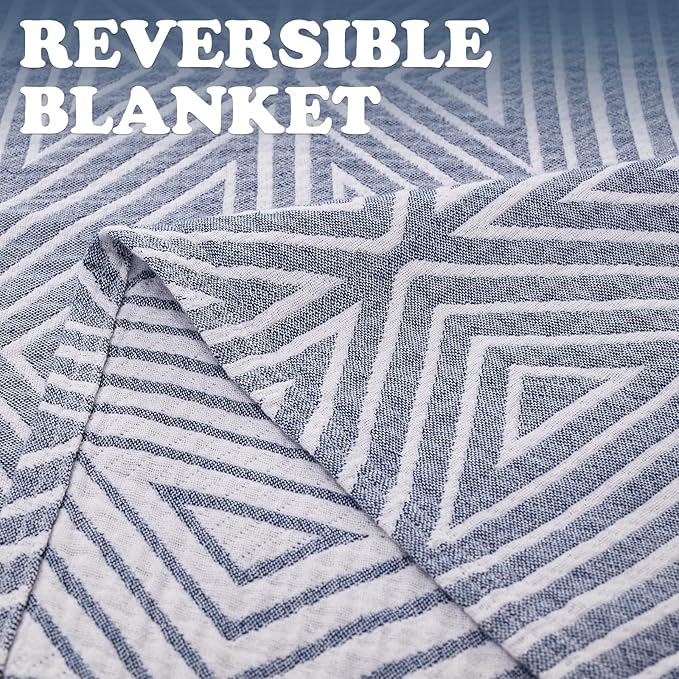 JINCHAN Boho 100% Cotton Blanket Muslin Twin Size 60x80 Inches Lightweight 3-Layer Geometric Triangle Striped Pattern Reversible Quilt Throw Soft Breathable Comfy All Seasons for Couch Bed Decor, Blue-Ruum Studio Home