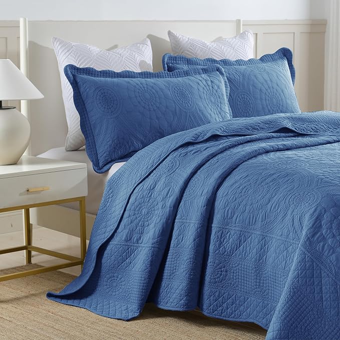 MarCielo 3-Piece 100% Cotton Oversized Bedspread Lightweight Quilt Coverlet Embroidery Farmhouse Bedding Set (Tf Midtone Blue, Oversized Queen (100"x106"))-Ruum Studio Home