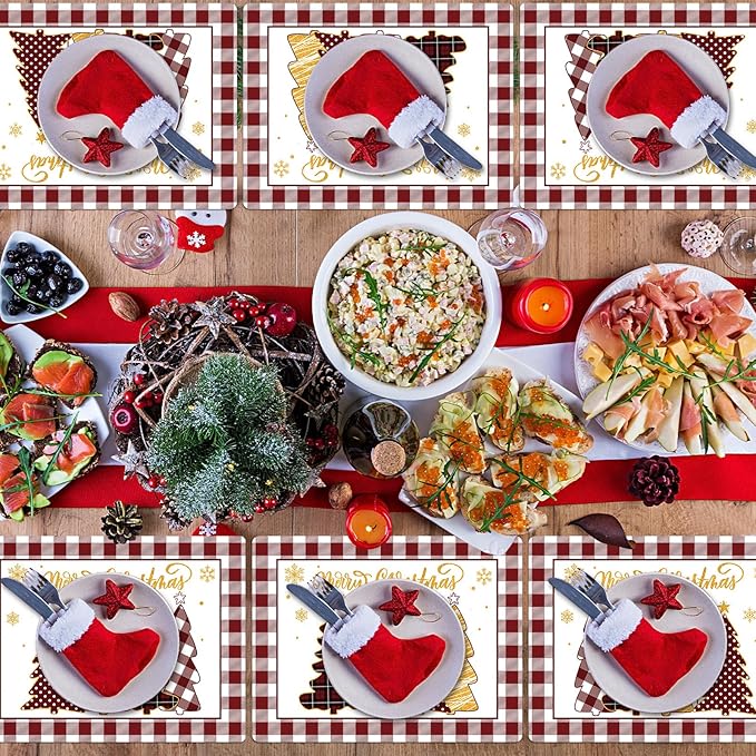 Winter Christmas Placemats Set of 6 Merry Christmas Watercolor Buffalo Plaid Plastic Table Mats Red Gold Xmas Trees Place Mat Holiday Table Decoration for Indoor Outdoor Party Kitchen Dining-Ruum Studio Home