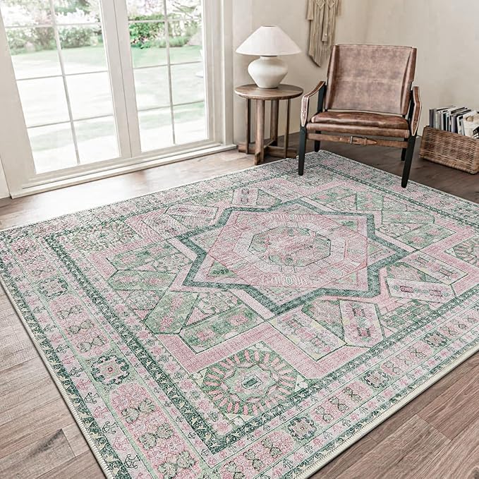 DCX Washable 8x10 Area Rug, Soft Machine Washable Non Slip with Rubber Backing Vintage Rug, Kid & Pet Friendly Living Room Area Rugs 8x10, Foldable Rugs for Bedroom Dining Room Office-Pink & Green-Ruum Studio Home