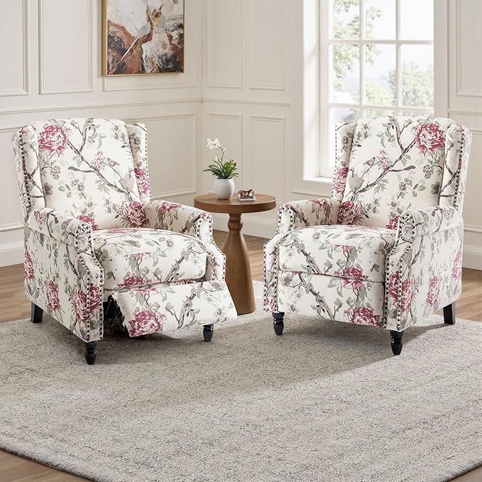 UIXE Pushback Recliner Chair, Fabric Upholstered Armchair Push Back Accent Chair for Living Room, Rivet Trim Home Theater Single Sofa Bedroom Reading Seat with Footrest - Beige Floral-Ruum Studio Home