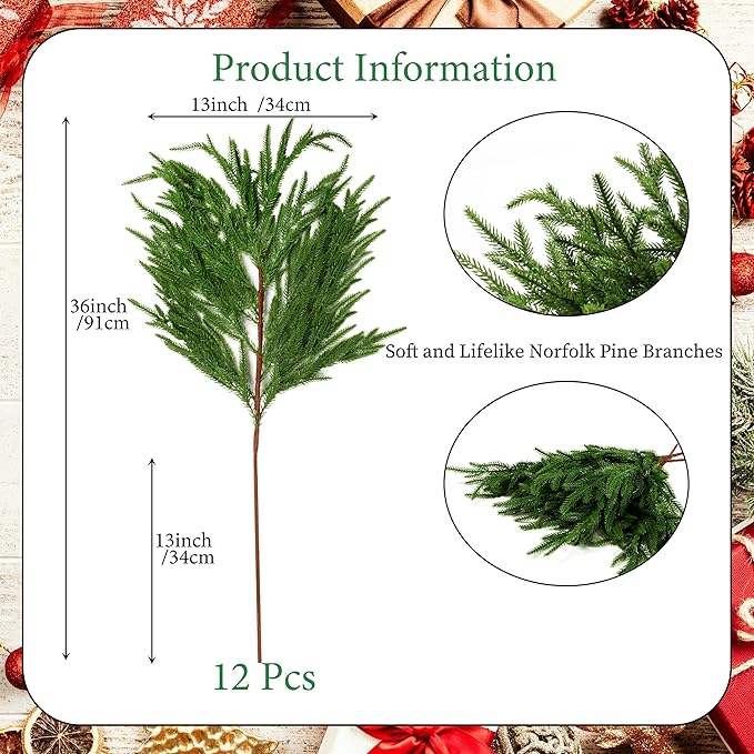 12Pcs Artificial Norfolk Pine Branches 36" Plastic Christmas Plants Decor Faux Greenery Stems Pine Picks Outdoor Faux Plants UV Resistant for Xmas Indoor, Front Porch Home Décor (12, 36inch)-Ruum Studio Home