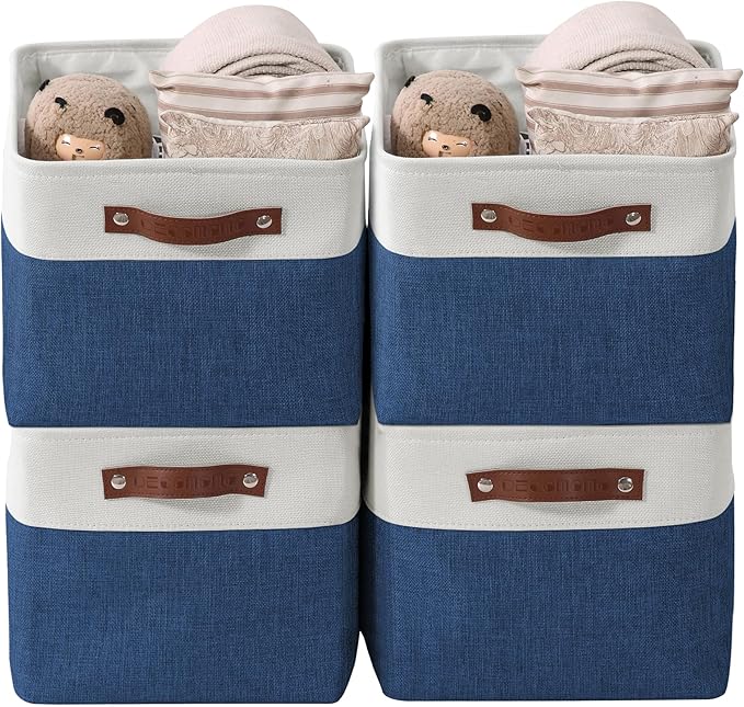 DECOMOMO Storage Bins Fabric Storage Baskets for Shelves, Linen Closet Organization Toys Nursery (Navy Blue and White, Large - 4 Pack)-Ruum Studio Home