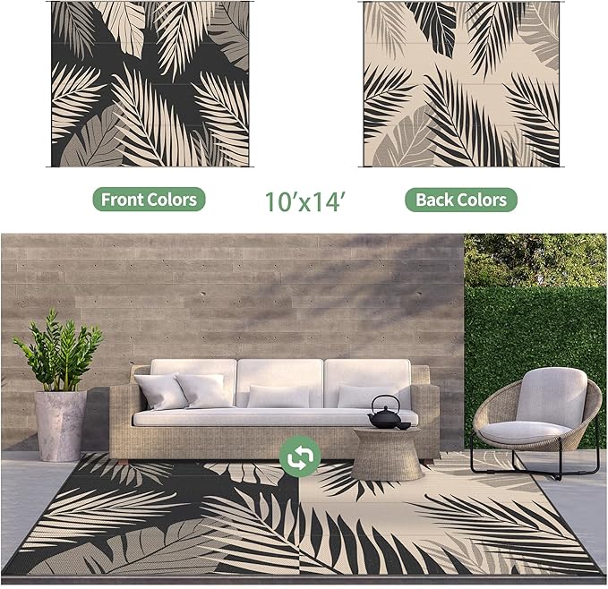 GENIMO Outdoor Rug 10' x 14' Waterproof for Patios Clearance, Reversible Outdoor Plastic Straw Camping Rug Carpet, Large Area Rugs Mats for RV, Camper, Deck, Balcony, Porch, Beach, Picnic, Black&Beige-Ruum Studio Home