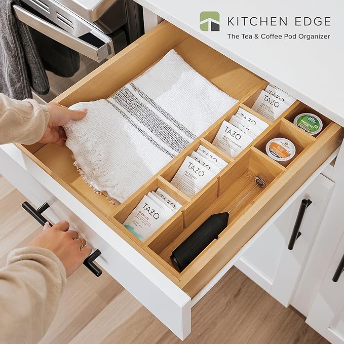 Premium Tea Bags and Coffee Pods Drawer Organizer – Small 9-Compartment Design with Removable Wall Inserts, Non-Slip Feet, 100% Sustainable Bamboo-Ruum Studio Home