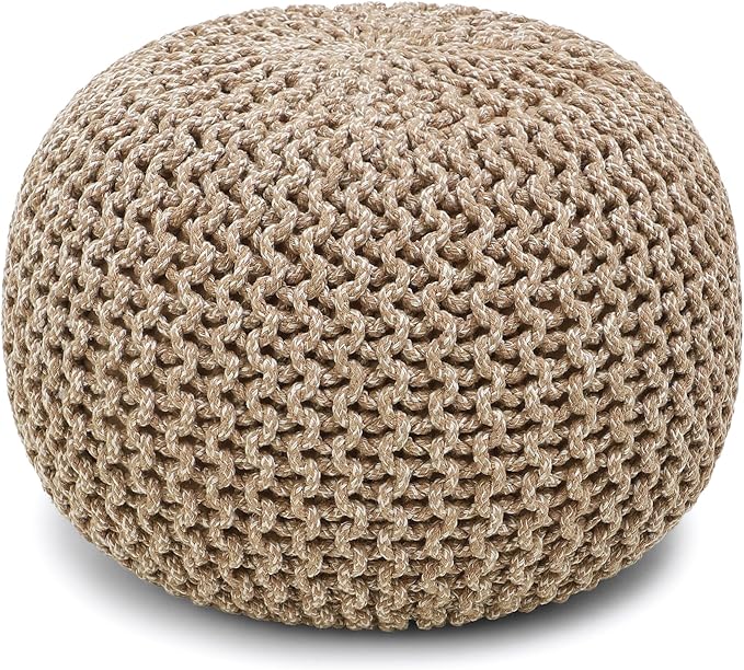 REDEARTH Round Pouf Ottoman - Hand Knitted Cable Boho Poof Home Décor Pouffe Circular Footrest for Living Room - Nursery - Bedroom - Lounge 100% Cotton (18”x18”x14”) - Beige Ivory-Ruum Studio Home