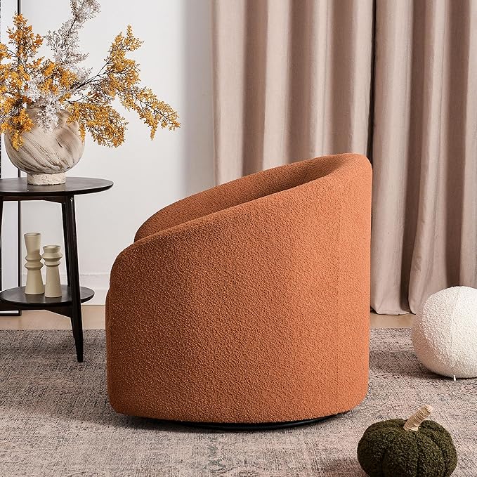 KINWELL 32" Wide Swivel Boucle Accent Chair Armchair, No Assembly Mid-Century Modern Round Upholstered Barrel Chair for Living Room, Bedroom, Office (Caramel)-Ruum Studio Home