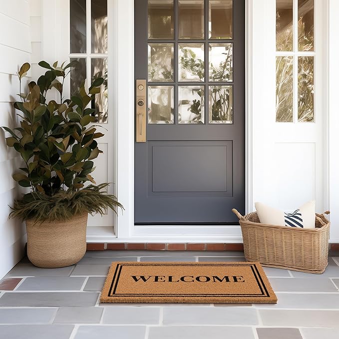 Barnyard Designs Natural Coco Coir Heavy Duty Backing Doormat - Large Cute Non-Slip Front Door Welcome Mat for Outside Entrance or Porch Entry, Brown (17x30, Welcome)-Ruum Studio Home