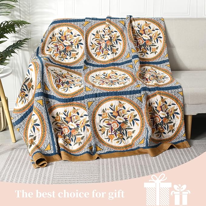 Boho Throw Blanket for Bed - 100% Pure Cotton Ultra Soft Rustic Quilt - Farmhouse Decor Bed Blankets, All Season Rustic Throw for Sofa Couch Chair(80''x 90'', Floral)-Ruum Studio Home