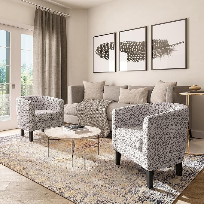 BELLEZE Accent Barrel Chair Set of 2, Linen Round Chair Club Tub Sofa Corner Chair with Flared Legs and Cozy Soft Padding for Living Room Bedroom Waiting Room - White & Brown-Ruum Studio Home