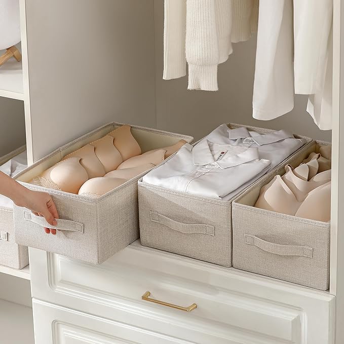 Linen Folding Storage Bins, 3 Pack Large Storage Baskets, Washable, Clothing Storage Bins with Handle, Closet Organizer for Storage Sweater,Sheets (Beige, 16"x9½"x6¾")-Ruum Studio Home