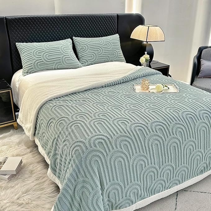 UKELER Sherpa Bed Blanket 80 × 90 inch, Ultra Soft Queen Size Throw Blanket for All Season, Cozy Plush Arch Fleece Blankets for Bedroom Living Room Dorm Hostel Sofa Camping, Light Green-Ruum Studio Home