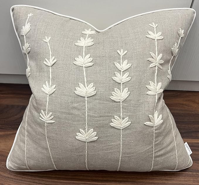 VAGMINE Hand Embroidered Daisy Accent Throw Pillow Cover - 20x20 Inches Square - 100% Linen Natural Decorative Cushion Cover for Couch, Sofa, Bed - Textured Embroidery - Boho Floral Home Décor-Ruum Studio Home
