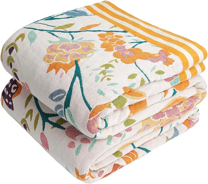 Boho Throw Blanket, 100% Organic Cotton Breathable Ultra Soft 80" x 90" Bed Quilt Throw - All Season Floral Rustic Farmhouse Decor Luxury Reversible Blanket for Sofa Couch Chair and Gift-Ruum Studio Home