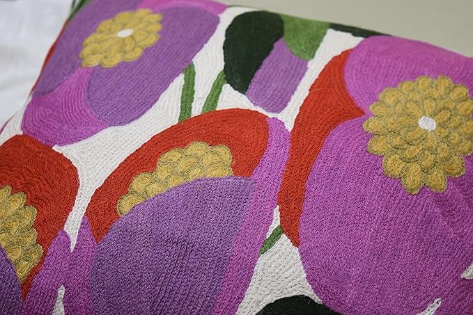 Lily Pink Flower Pillow Cover | Suzani Accent Pillow | Outdoor Floral Pillows | Hand Embroidered Wool Cushion - 18x18-Ruum Studio Home
