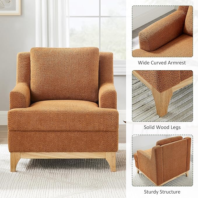 Oversized Accent Chair, Modern Boucle Armchair with Wood Legs, Modern Reading Chair with Thick Cushion, Comfy Chairs for Living Rooms, Bedrooms, Reading nooks and Apartments-Ruum Studio Home
