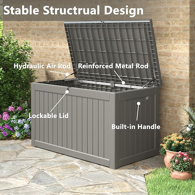 KAMABOKO 230 Gallon Outdoor Storage Box, Resin Deck Boxes Indoor and outdoor, Waterproof Storage Box Lockable Lid for Garden Tools, Package Delivery, Patio Cushions, Grey-Ruum Studio Home