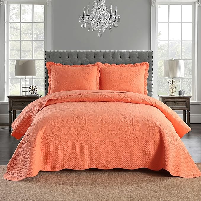 MarCielo 3-Piece 100% Cotton Oversized Bedspread Lightweight Quilt Coverlet Embroidery Farmhouse Bedding Set T0 (Salmon, Oversized Queen (100"x106"))-Ruum Studio Home