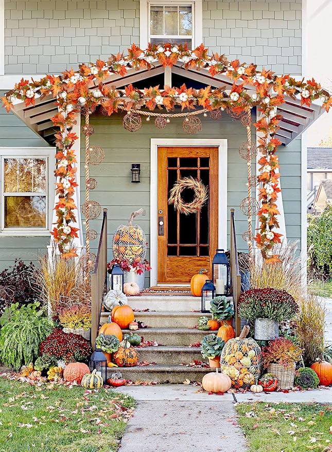 DearHouse 6ft Pumpkin Fall Maple Leaves Garland - Artificial Autumn Foliage Hanging Vine for Thanksgiving, Home, Wedding, Fireplace, Party, Christmas Decor (Orange & Brown)-Ruum Studio Home